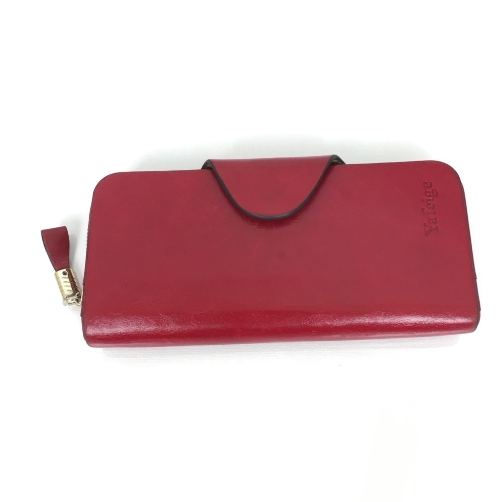 Red Leather Zip Wallet with Snap Flap By Yafeige
